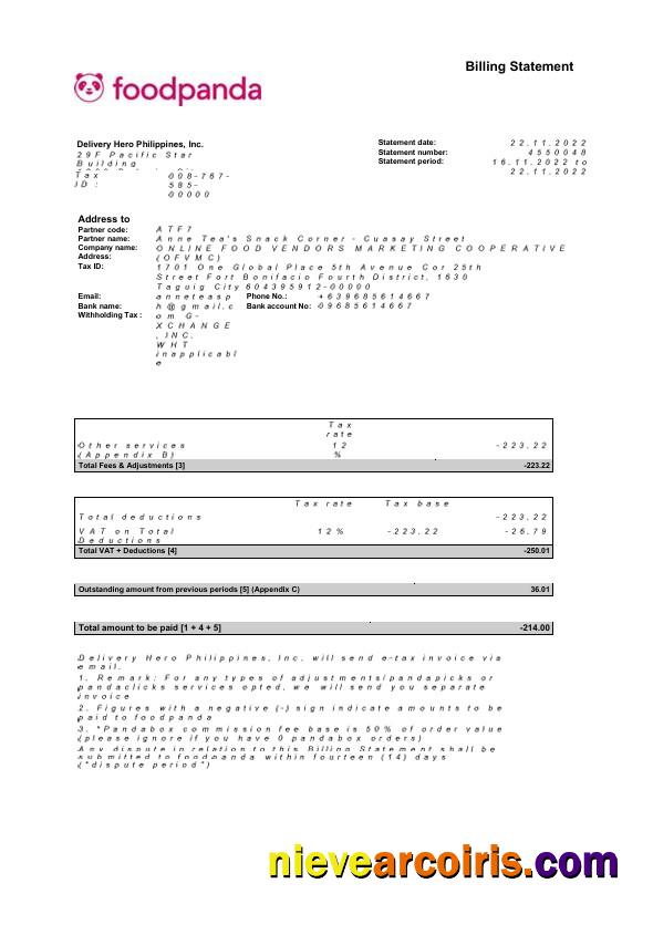 USA New York Foodpanda billing statement Word and PDF, 4 pages